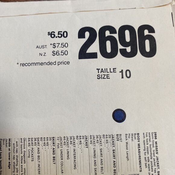 Vintage VOGUE sewing pattern 2696 Skirt Suit sz 10 American Design Joseph Picone - Picture 7 of 8